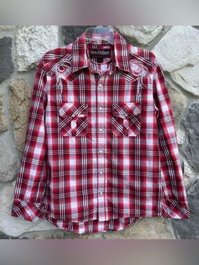 Rock & Roll Cowboy Mens Pearl Snap Western Shirt Size S Red Plaid Embroidered